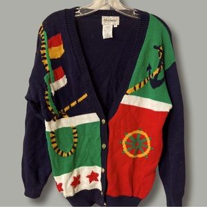 Vintage NAUTICAL Print Cardigan Cruise Yacht Wear size M